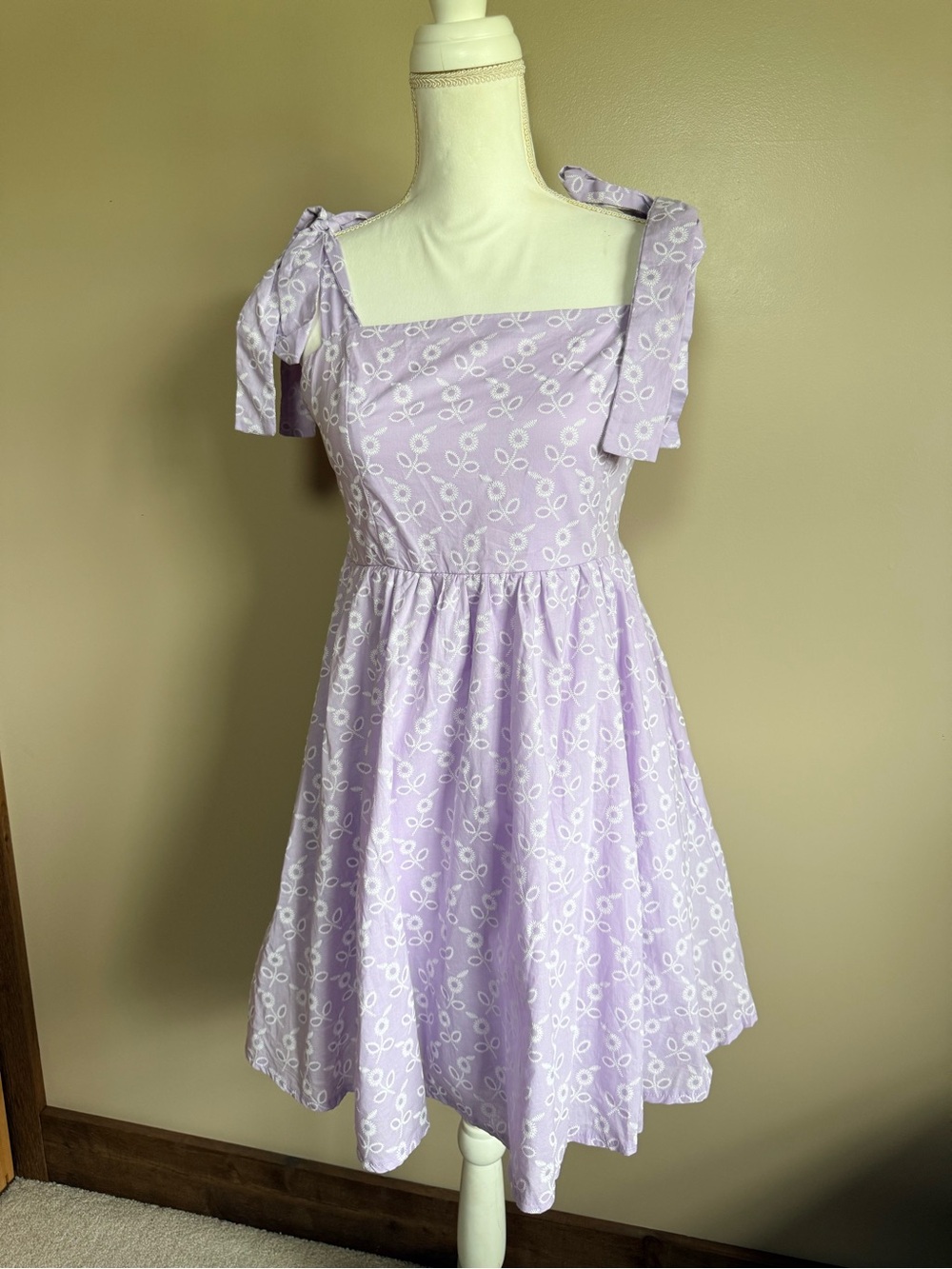 Flying Tomato Lavender Tie-Shoulder Midi Dress with White Eyelet Print